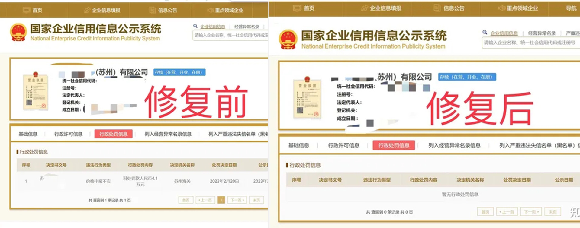 福建信用中国公示期内修复案例